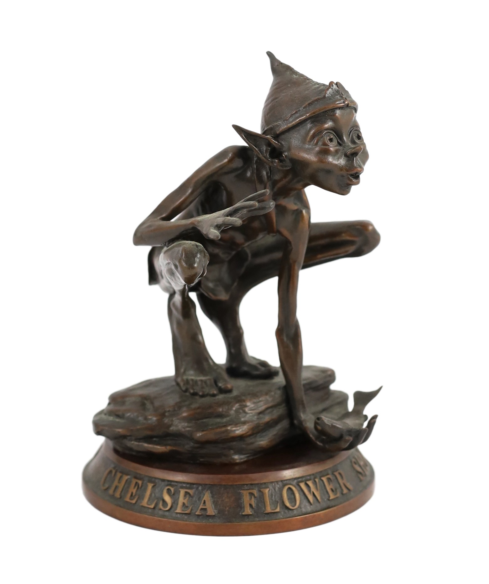 David Goode (British, b.1966). A Chelsea Flower Show Centenary bronze of a crouching pixie tickling a trout, height 23cm